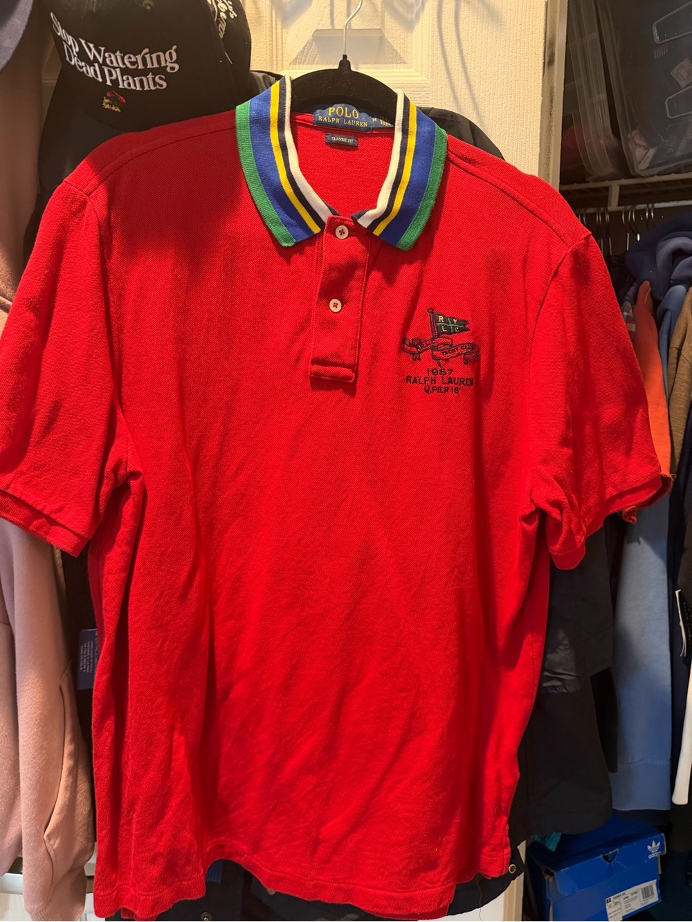 Polo by Ralph Lauren Red Short-Sleeve Polo with Multicolor Striped Collar